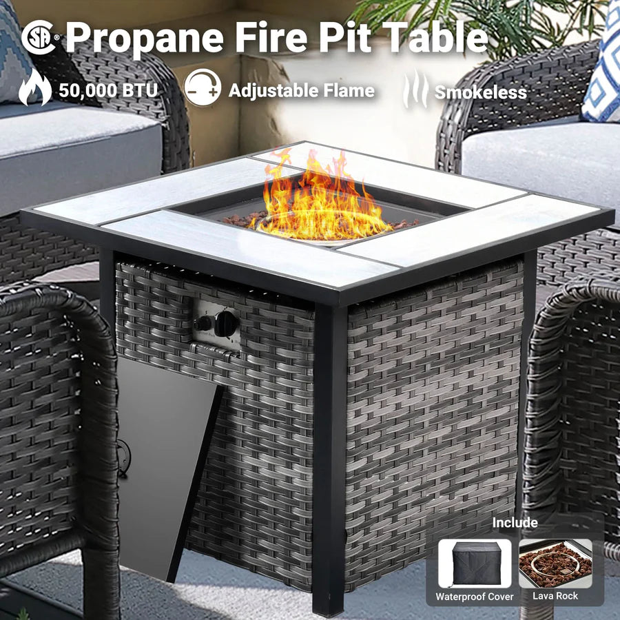 5-Piece Patio Set with Fire Pit Table,All Weather Grey Wicker Chairs & Cushions