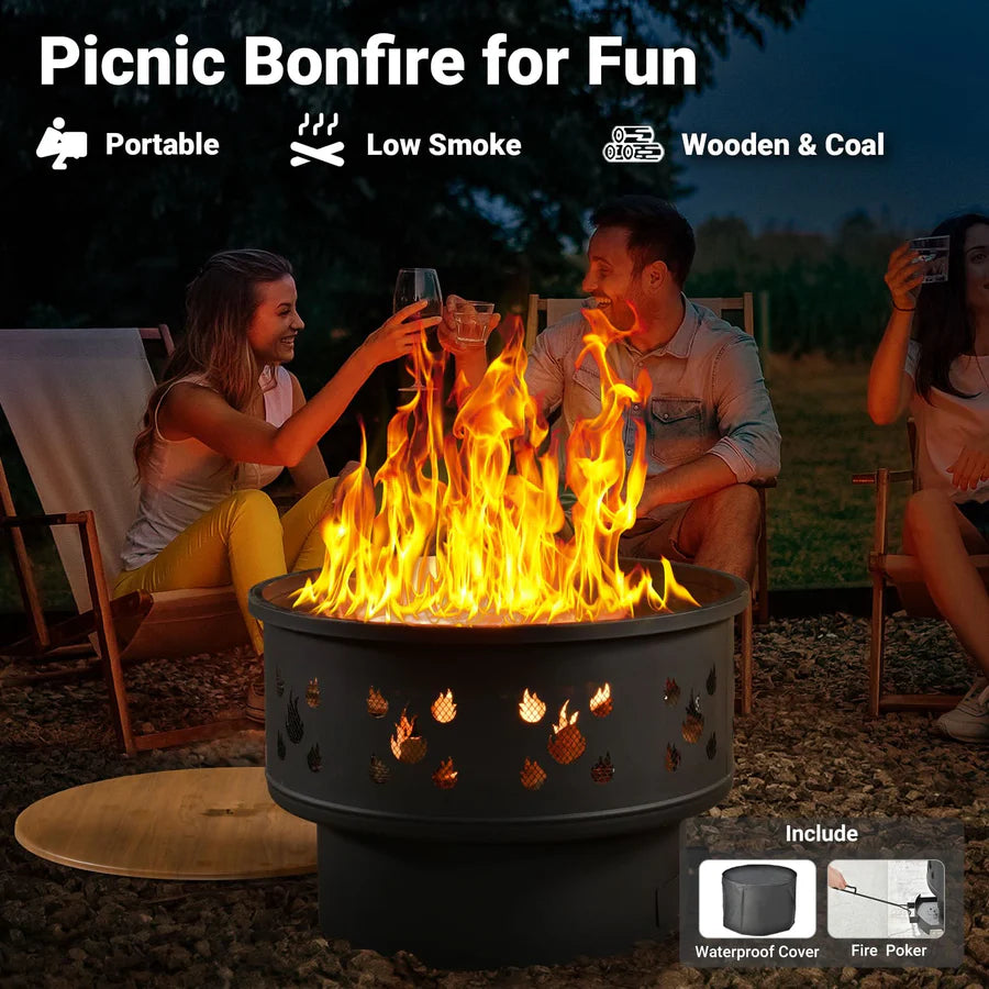 5 Pieces Patio Furniture Set with Fire Pit, Outdoor Wicker Chairs of 4