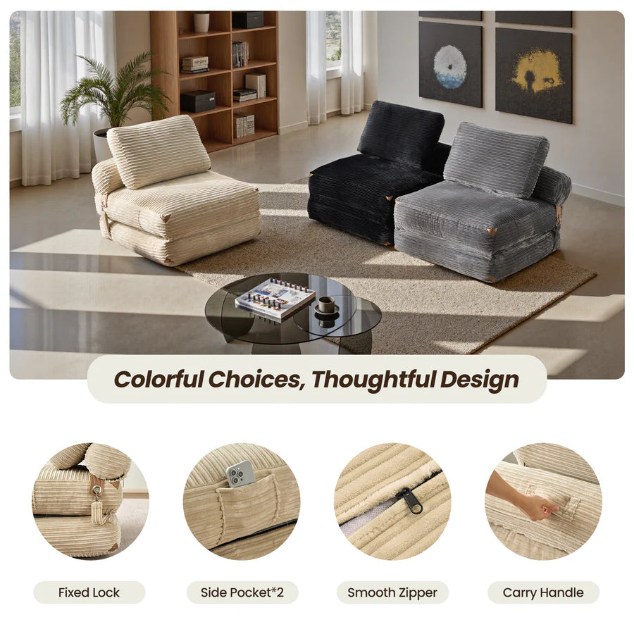 Bean Bag Bed Folding Sofa Bed – Convertible Sleeper Chair with Pillow & Back Support