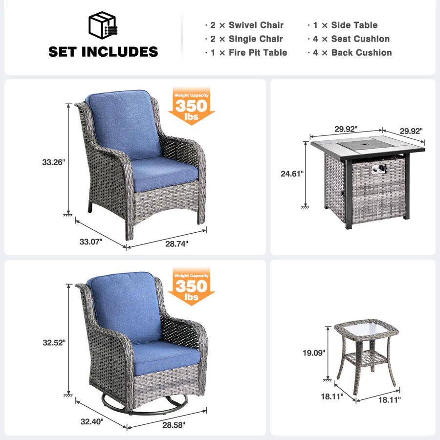 Outdoor Furniture 6-Piece with 30'' Fire Pit Table and Kenard 2 Rocking Chairs