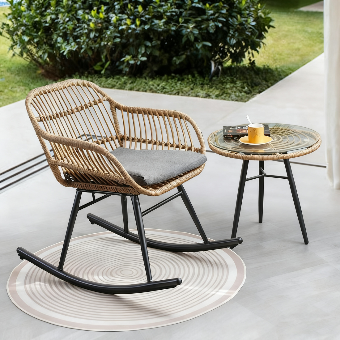 Balcony leisure table and chair outdoor homestay courtyard household coffee table three-piece combination internet celebrity outdoor rattan chair rocking chair